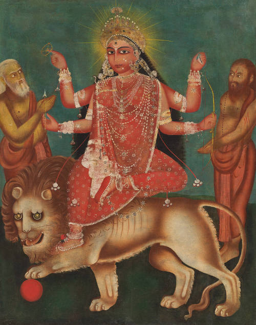 The Goddess Durga Riding a Lion with Devotees Alongside