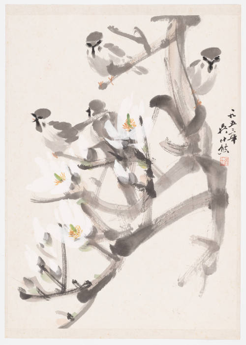 Four Sparrows and White Blossoms