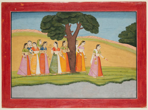 The Gopis arrive at the Kalindi River to worship the goddess Katyayani 