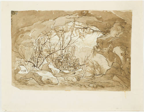 Cave with View of Landscape and Three Male Figures (Possibly Poachers)