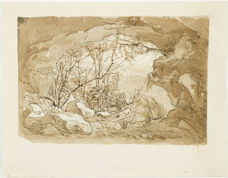 Cave with View of Landscape and Three Male Figures (Possibly Poachers)