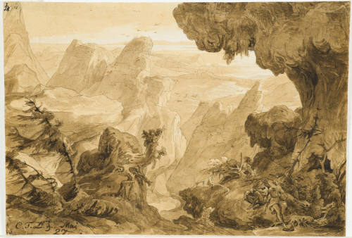 Wide Rocky Landscape in a Storm and Figures