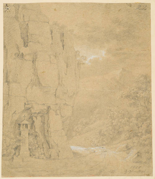 Mountain Landscape with Rock Mass in Left Foreground and a Wayside Shrine