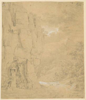 Mountain Landscape with Rock Mass in Left Foreground and a Wayside Shrine