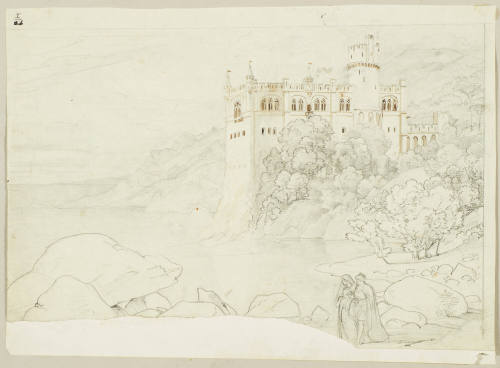 Castle at the Sea, with King and Queen in the Foreground Walking Along the Shore