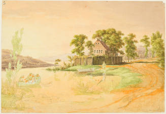Landscape with House and Lake in Evening Light and a Group of People in a Rowboat