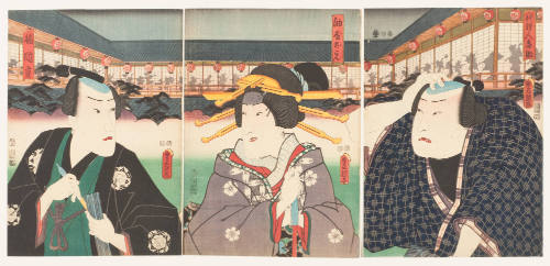 Actors as the Cook Kisuke, Aburaya Okon, and Fukuoka Mitsugi