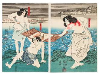 (from right) Nakamura Utaemon IV as Ōtaka Tonomo, Nakamura Tsuruzō I as Ryoshi Ganzo, and Seki Sanjūrō III as Yokoyama Daizo; play: Takagi Oriemon budō jitsuroku