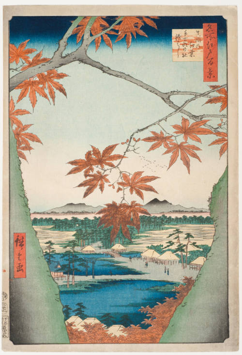 No. 94, Mama Maple Trees with Tekona Shrine and Bridge (Mama no momiji Tekonanoyashiro tsugihashi)