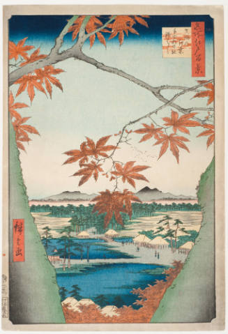 No. 94, Mama Maple Trees with Tekona Shrine and Bridge (Mama no momiji Tekonanoyashiro tsugihashi)