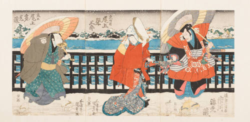 The Actors Ichikawe Ebizō as Ōmi No Kotōta, Onoe Eisaburō as Tora Gozen, Onoe Tamizō as Onio Shinzaemon