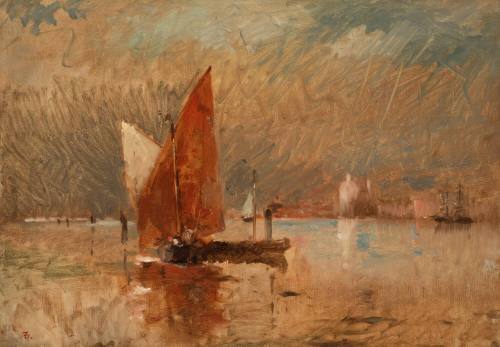 Red Sail in the Harbor at Venice