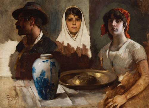 Study of Three Heads with Salver and Jar