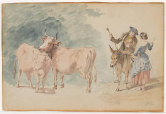 Two Cows with Man on Donkey Talking to a Young Woman