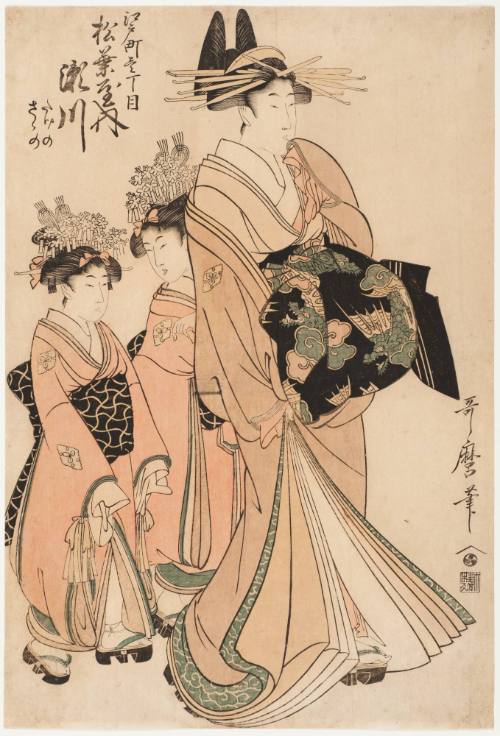 The Courtesan Takigawa of the Matsuba Establishment with Her Child Attendants Takeno and Sasamo