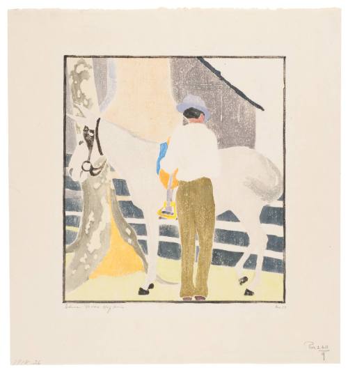 Man Standing by a White Mule