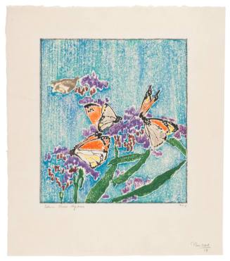 Purple Flowers and Butterflies Against a Blue Ground