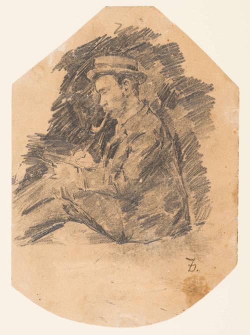 Man Seated Sketching, Pipe in His Mouth