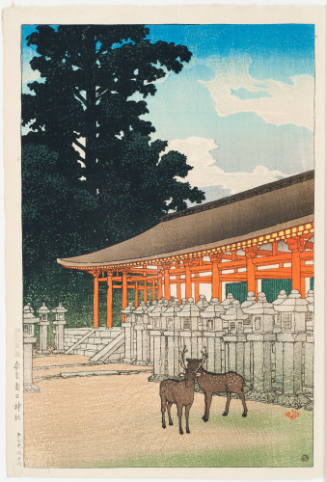 Two Deer in a Park Near a Temple