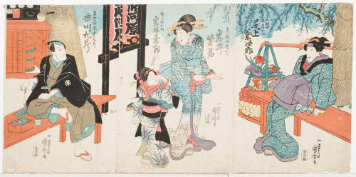 Onoe Kikujirō as Konomuraya's Wife Okita; Iwai Shijaku as Hikosō 's Wife Omasu; Iwai Kumesaburō as Sōhachi's Daughter Okeki (?) (Oume?); Ichikawa Kijūzō as Yamada Hirozō (Kōzō), a Calligraphy Teacher