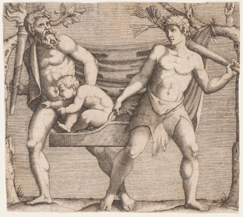Two Fauns Carrying a Child in Basket