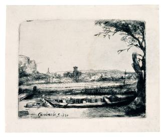 Canal with Large Boat and Bridge