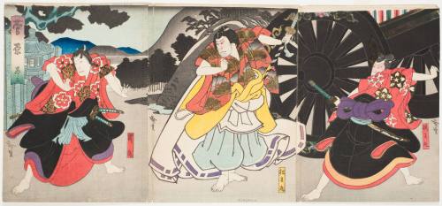 Act 3. Mimasu Daigorō IV, Nakamura Utaemon IV and Jutsukawa Ensaburo as Umeomaru, Matsuomaru, Sakuramaru