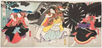 Act 3. Mimasu Daigorō IV, Nakamura Utaemon IV and Jutsukawa Ensaburo as Umeomaru, Matsuomaru, Sakuramaru