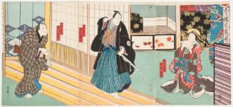 Nakamura Daikichi as the Courtesan Takao of the Miura Establishment; Ichikawa Ebijurō as Ishii Tsuneemon; Jitsukawa Ensaburo as the Shell Merchant Zenkichi