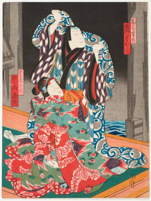 Arashi Rikaku as the Sash Merchant Hanshichi; Nakayama Nanshi as the Couretsan Sankatsu of the Kasa Establishment
