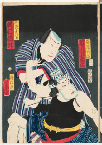 Ichimura Kakitsu as Tor, Ichikawa Kodanji as Tōji the Hairdresser, and Sawamura Tossho as Hiranoya Kojirō