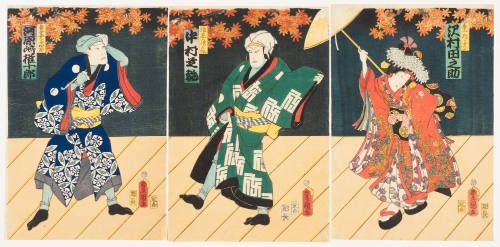 Sawamura Tanosuke as the Kamuro, Tayori; Nakamura Shikan as Nanibana Jirosaku; Kawarazaki Gonjuro as Azuma No Yoshiro