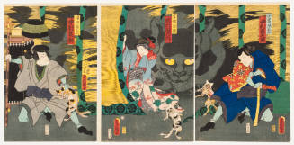 The Actors Nakamura Jakunosuke, Ichimura Uzaemon and Nakamura Shikan as Sensaki Yagoro, the Spirit of the Old Cat, and the Travelling Priest Suwa Sukuemon