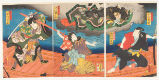 The Actors Nakamura Shikan, Ichimura Uzaemon, Sawamura Tanosuke, and Nakamura Jakunosuke as Suwa Sukuemon, the Cat Nakanori, the Fisherwoman Ohami and Arakoma Kotaro