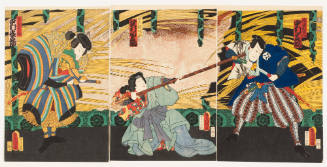 The Actors Nakamura Shikan as Suwa Kazuemon, Sawamura Tanosuke as the Female Pilgrim Shozan, and Nakamura Jakunosuke as Arakoma Taro