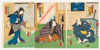 The Actors Nakamura Shikan, Kawarazaki Gonjuro and Ichikawa Shinsha as the Farmer Yasaku, Senzaki Yagoro and Yasaku's Wife Okayo