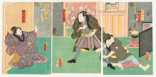 The Actors Nakamura Shikan, Kawarazaki Gonjuro and Ichikawa Shinsha as the Farmer Yasaku, Senzaki Yagoro and Yasaku's Wife Okayo