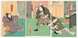 The Actors Nakamura Shikan, Kawarazaki Gonjuro and Ichikawa Shinsha as the Farmer Yasaku, Senzaki Yagoro and Yasaku's Wife Okayo