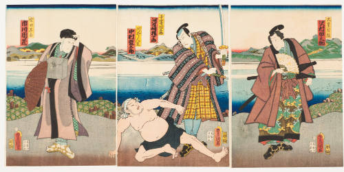 The Actors Sawamura Tanosuke, Kawarazaki Gonjuro, Nakamura Kantoro, Ichikawa Danzo as Oboshi Rikiya, Senzaki Yagoro, the River Forder Hitoashi and the Poet Takarai Kikaku