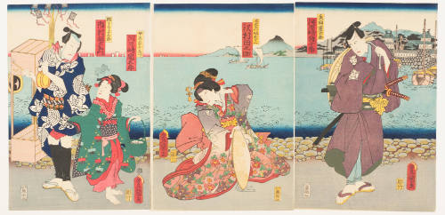 The Actors Kawarazaki Gonjuro, Sawamura Tanosuke, Kawarazaki Kunitaro and Ichimura Uzaemon as Yama (Tadama) Jutaro, Yosaemon's Daughter Orie, the Girl Diver Oshizu, and the Candy Seller Sentaro