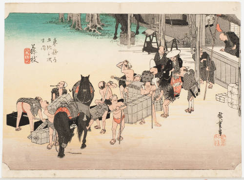 No. 23 Changing Porters and Horses at Fujieda (Fujieda jimba taugitate)