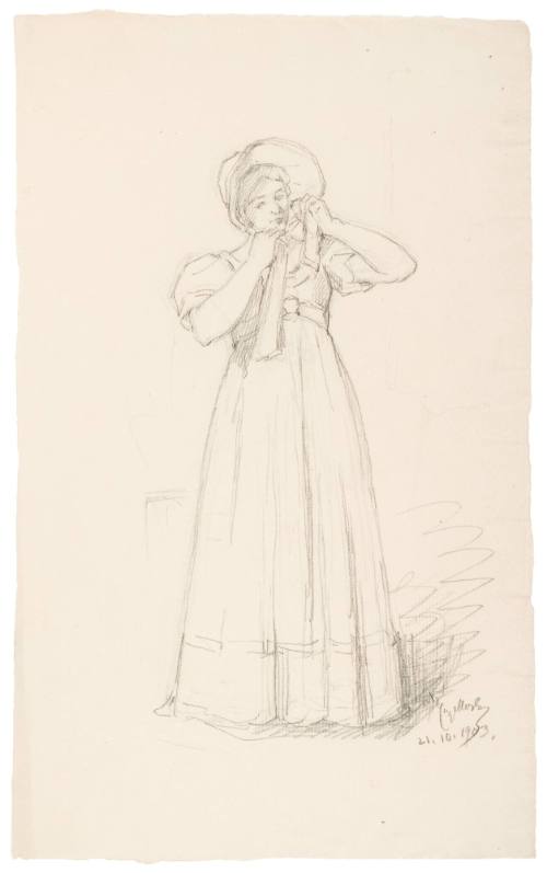 Study of Standing Woman Tying a Bonnet