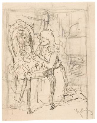 Kneeling Girl Playing with Doll