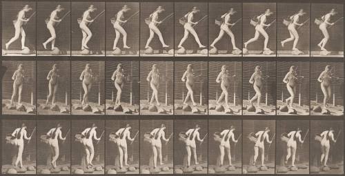 Crossing Brook on Stepping-Stones with Fishing Pole and a Basket