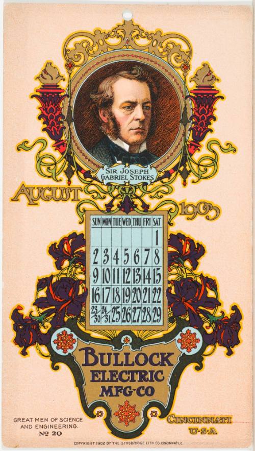 Calendar Card / August 1903 Bullock Electric Mfg Co