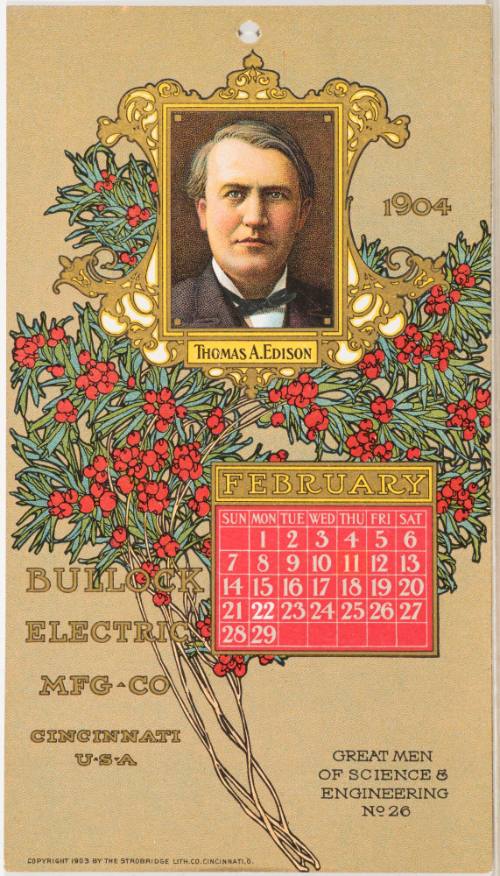 Calendar Card / February 1904 Bullock Electric Mfg Co