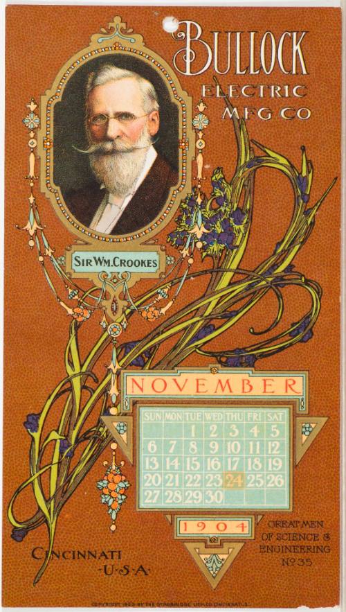 Calendar Card / November 1904 Bullock Electric Mfg Co
