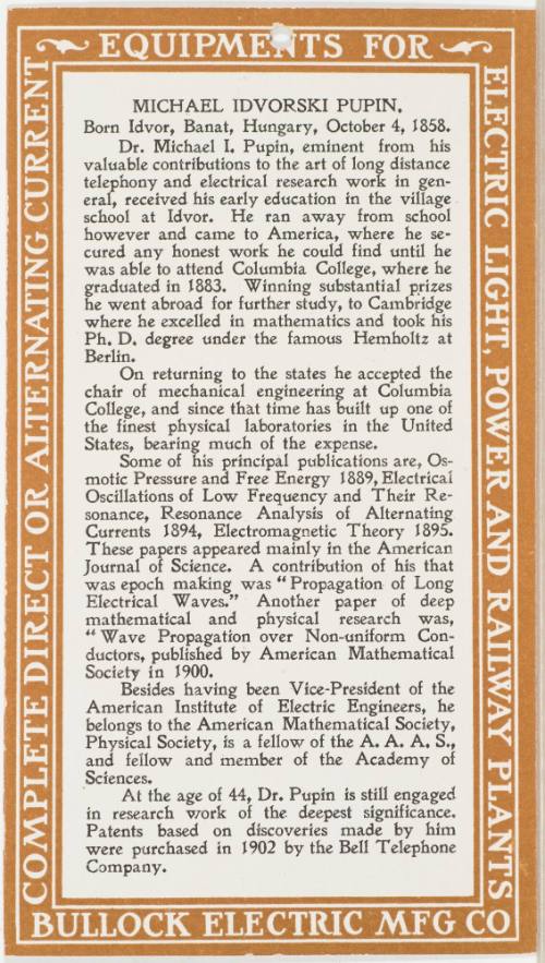 Calendar Card / August 1904 Bullock Electric Mfg Co