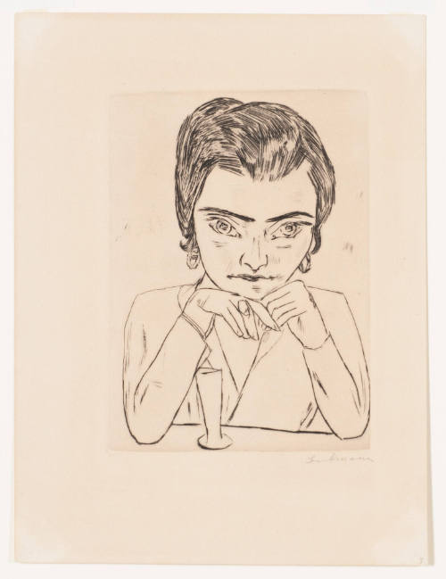 Portrait of Naila with Head Resting on Arms and Glass