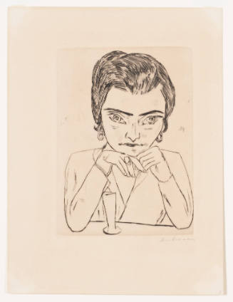 Portrait of Naila with Head Resting on Arms and Glass